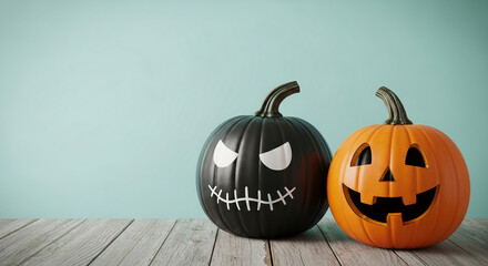 Two carved pumpkins on wooden surface against teal background One black with stitched mouth, other orange with classic jack-o'-lantern face Halloween decoration, festive, autumnal