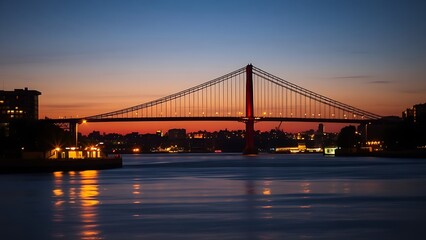 Obraz premium Silhouetted suspension bridge at dusk with city lights