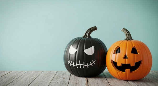 Two carved pumpkins on wooden surface against teal background One black with stitched mouth, other orange with classic jack-o'-lantern face Halloween decoration, festive, autumnal