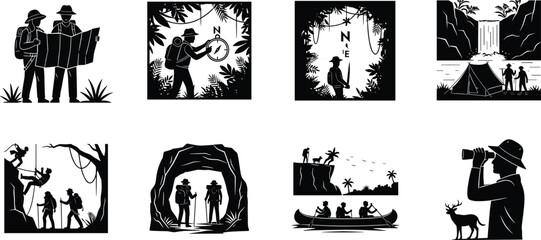 Adventure and exploration silhouettes, hiking, trekking, camping, map reading, compass navigation, cave exploration, canoeing, wildlife watching, outdoor nature activities