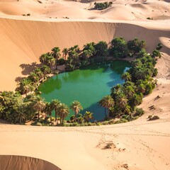 Oasis in desert. Lush green water surrounded by palm trees