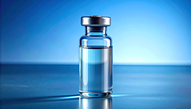 Transparent glass vial filled with clear liquid. Healthcare, treatment and pharmaceutical concept.