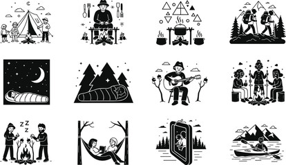 Camping adventure vector set, family outdoors, hiking, kayaking, campfire, cooking, hammock, stargazing, music, mountain travel, nature exploration