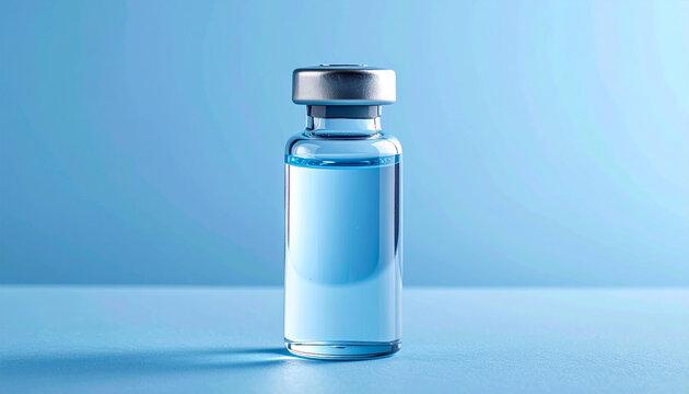Transparent glass vial filled with clear liquid. Healthcare, treatment and pharmaceutical concept.