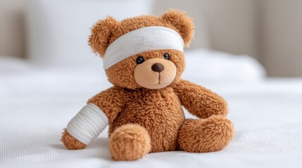Cute teddy bear with bandages on the head and arm sitting on a soft bed, evoking feelings of comfort and care in a cozy indoor setting