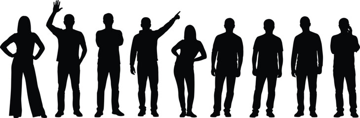 Silhouettes of diverse group of standing men and women in casual clothing, various confident poses, modern flat vector illustration on white background