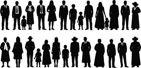 Silhouettes of diverse group people standing together, men women children in formal and casual attire, black and white flat vector illustration.