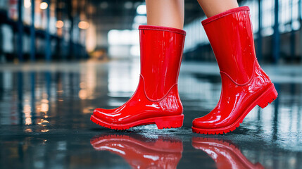 Glossy red rain boots on wet floor in urban environment Generative AI