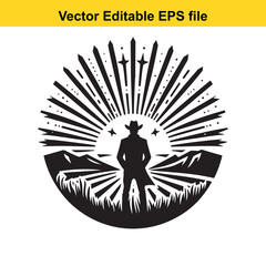 Silhouette of a cowboy standing in a circular landscape with sunburst effect