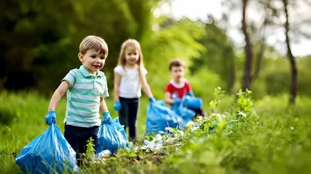 Trash garbage Spring cleaning. A young boy in a green and white striped polo shirt and blue gloves is seen picking up trash in a grassy field.