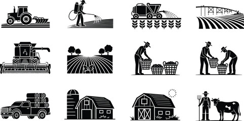 Farm and agriculture vector icons set, tractor, irrigation, harvesting, planting, barn, farmer, livestock, pickup truck, field, rural farming © Sabbir's World