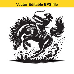 Cowboy riding a bucking bronco horse, isolated on white background