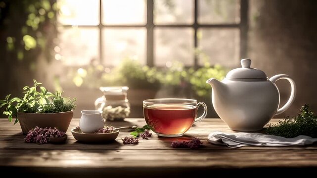A still life photograph featuring a wooden table with various items on it, including a teapot, a cup of tea, and a bowl of flowers.