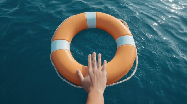 Hand Reaching for Lifebuoy on Calm Water Surface Symbolizing Safety and Rescue in Waterways and Outdoor Recreation Environments