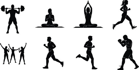 Fitness workout exercise illustration with yoga, running, boxing, weightlifting, group aerobics, and meditative wellness activities in silhouette style