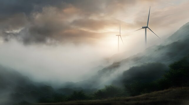 Serene misty landscape at sunrise featuring wind turbines on rolling hills symbolizing clean renewable energy - Powered by Adobe