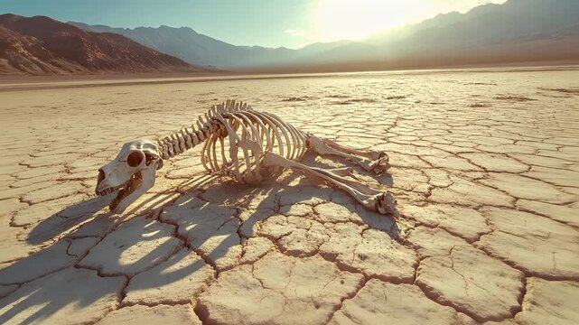Drought, dry environment. Aerial view of a skeletal animal skeleton in a desert landscape during sunset with mountains in the background. The skeleton is positioned on a cracked ground.