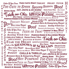 Repeatable Halloween typography pattern on transparent background. Includes mystical, magical, and humorous phrases, mid-toned flames, faded colours, and signs for seasonal designs and occasions.