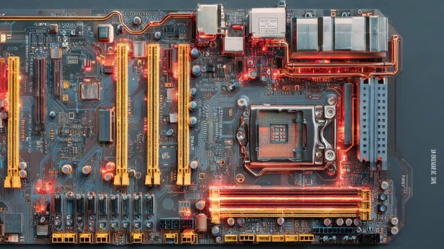 Detailed Motherboard Close Up View with Yellow and Orange Lights on a Dark Background Showing Intricate Circuitry and Electronic Components with Modern Design