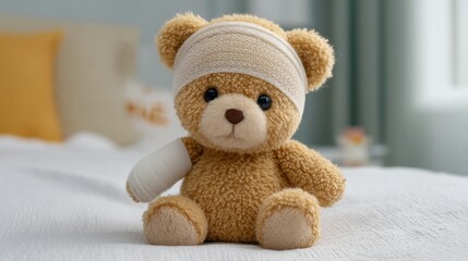 Cute plush teddy bear with bandages sitting on a bed, symbolizing comfort and care in times of illness, perfect for emotional healing themes.