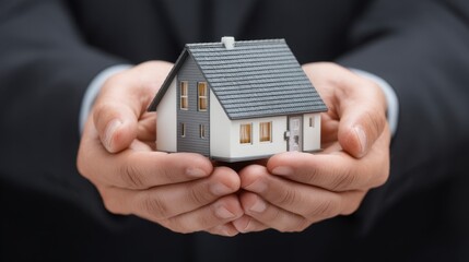 Hands Holding a Small Model House Symbolizing Real Estate Investment and Home Ownership in Professional Context