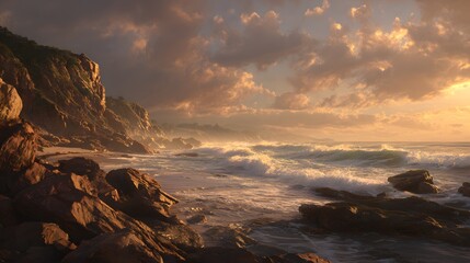 Beautiful ocean beach landscape sunset waves rocks nature scenic view travel destination wallpaper background