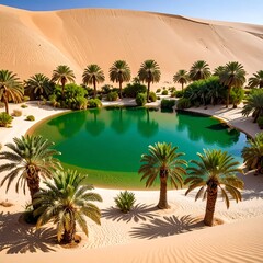 Oasis in the desert. Lush pool surrounded by palm trees