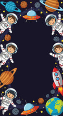 Adobe illustrator artwork vector illustration. Cute cartoon astronauts, rockets, planets, and stars create a playful vertical frame design on a dark blue background, ideal for kids' party invitations