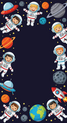 Adobe illustrator artwork vector illustration. Cute cartoon astronauts, rockets, planets, and stars create a playful vertical frame design on a dark blue background, ideal for kids' party invitations