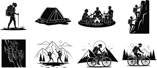 Outdoor adventure icons, hiking, camping, mountain biking, rock climbing, trekking, nature exploration, forest trails, travel and adventure lifestyle