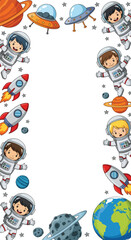 Adobe illustrator artwork vector illustration. Cute cartoon astronauts, rockets, planets, and stars create a playful vertical frame design on a dark blue background, ideal for kids' party invitations