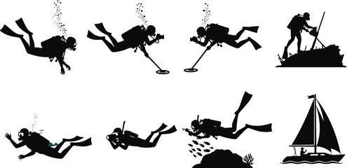 Scuba divers underwater with metal detectors, exploring marine life, shipwreck discovery, photography, coral reef, boat sailing illustration