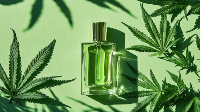 Green perfume bottle surrounded by cannabis leaves on green background.