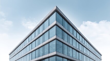 Fototapeta premium Modern corporate office building with large glass windows reflecting the sky situated in an urban environment showcasing architectural design and innovation.