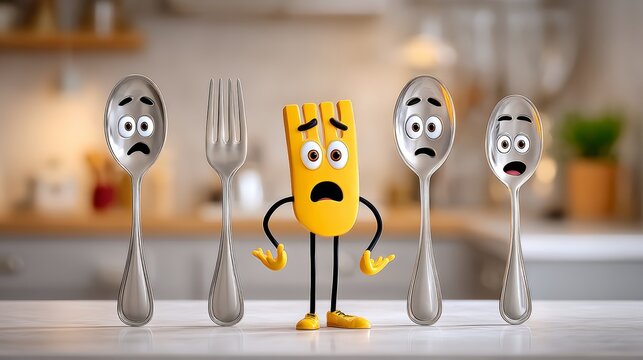 A cartoon character is standing in front of four spoons and a fork, looking sad. The spoons and fork are all different sizes and are placed on a table. The scene seems to be a playful