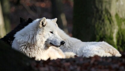 Two wolves resting in a forest
