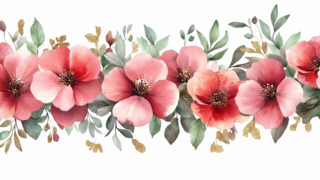 Elegant floral watercolor animation with delicate pink flowers and foliage border design