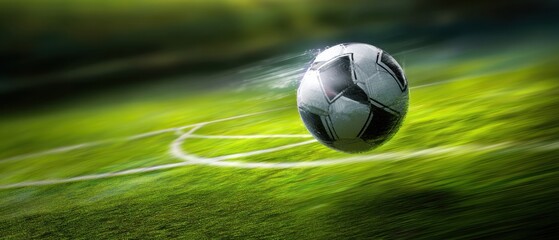 The soccer ball in motion across a vibrant green field