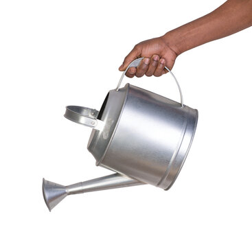 Man holding a metal watering can and watering plants isolated on white or transparent background