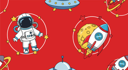 Adobe illustrator artwork vector illustration. A vibrant seamless vector pattern on a red background featuring adorable cartoon astronauts, rockets, planets, moons, UFOs, and stars. Perfect for kids © Amie