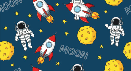 Adobe illustrator artwork vector illustration. A fun vector sticker set featuring cute cartoon astronauts in various poses with stars, planets, rockets, and comets, all on a dark space background