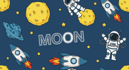 Adobe illustrator artwork vector illustration. A fun vector sticker set featuring cute cartoon astronauts in various poses with stars, planets, rockets, and comets, all on a dark space background