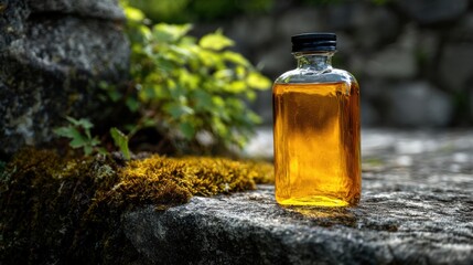 amber liquid bottle nature setting