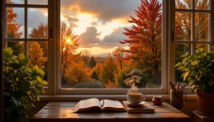 Fototapeta premium Cozy Sunset Scene with Book and Autumn View