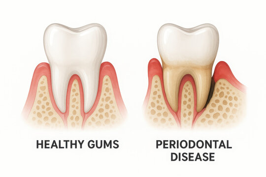 Healthy gums illustration shows proper dental care and oral hygiene with tooth cleaning while periodontal disease highlights gum inflammation and bone loss emphasizing importance