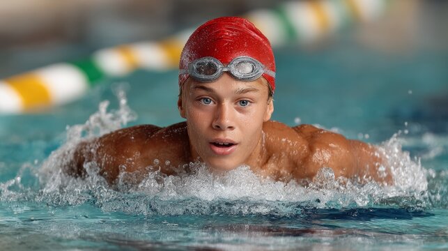 A young man in a red swim cap and goggles is swimming in a pool. He is wearing a red swimsuit and he is enjoying himself