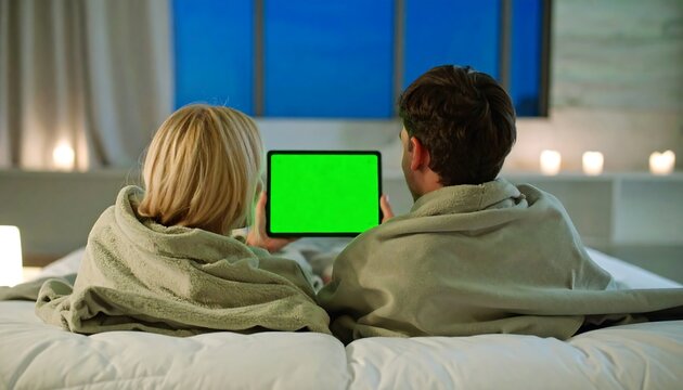Couple in bed watching a tablet