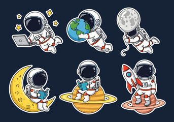 Adobe illustrator artwork vector illustration. A vibrant sticker set with cute cartoon astronauts, UFOs, space shuttles, Earth with a satellite, Saturn, and rockets. Perfect for kids' projects