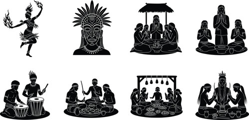 Tribal culture vector set, traditional dance, drumming, face paint, community feast, cultural rituals, indigenous lifestyle, ethnic celebration icons