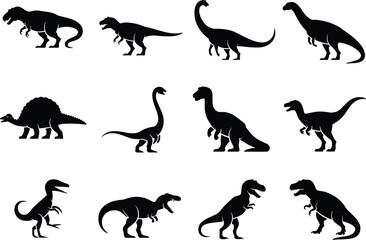 Dinosaur silhouettes collection, prehistoric animal icons, black vector dinosaurs, extinct species illustration, Jurassic creatures set, educational graphic design